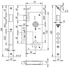 Корпус врезного замка с защёлкой 900 3MR/PB W/B (латунь)